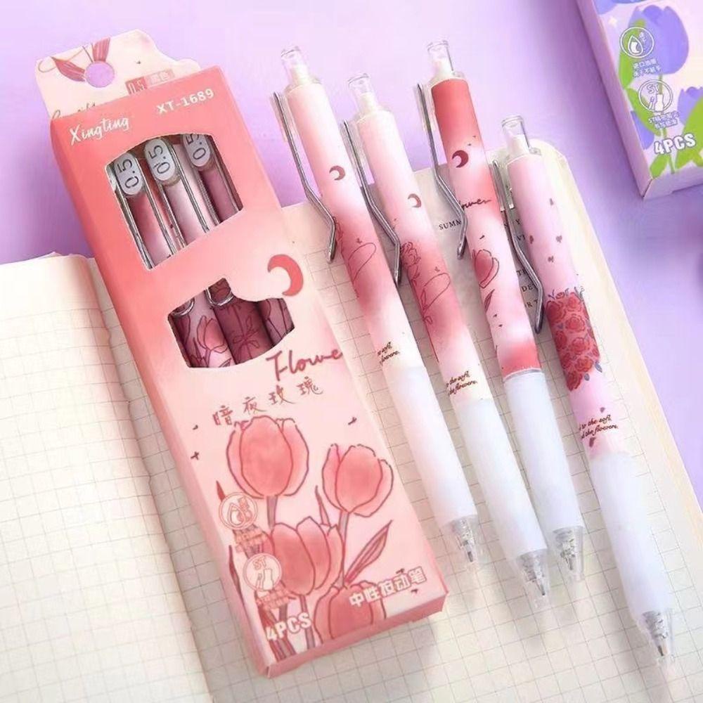 SUYO 4pcs /Set Gel Pens Rose Kartun Dengan Klip Alat Tulisan Tinta Hitam Press Type Signature Pen