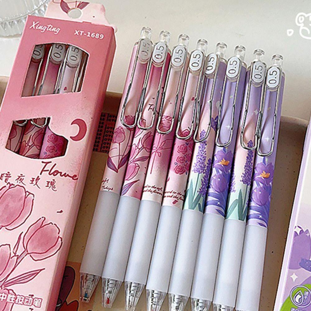Populer 4PCS/Set Gel Pulpen Rose Kartun Dengan Klip Alat Tulisan Tinta Hitam Tulip Signature Pen
