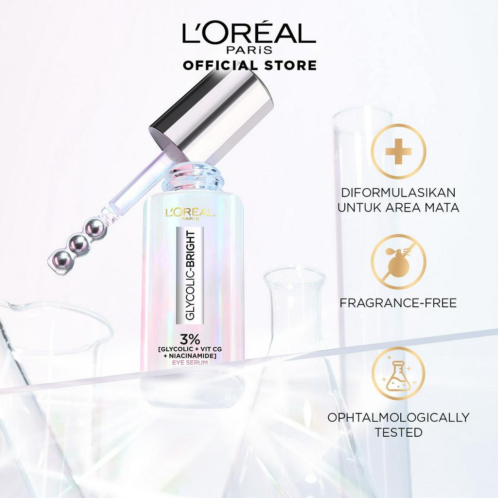 L'Oreal Paris Glycolic Bright Dark Circle Eye Serum Skincare - Menyamarkan Mata Panda dengan 3% (Glycolic + Niacinamide + Vit CG)