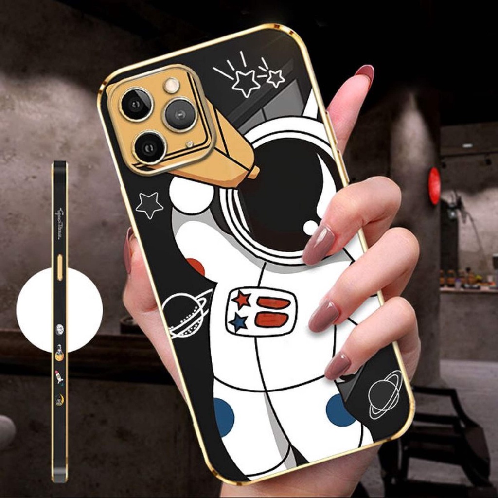 Cartoon Astronaut Phone Case for Oppo A9X A92019 F11 11PRO RENO RENO34G F15 A91 RENO44G RENO54G/5G RENO5K RENO64G RENO74G RENO84G F21PRO4G F21SPRO4G RENO7Z5G RENO8Z A9 Electroplate Shockproof Cases Square Edge Cover Scratch Resistant Casing