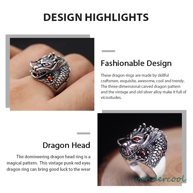 Berlapis Perak Perhiasan Pribadi Kepala Naga Bertatahkan Cincin Zirkonia Vintage Cincin Naga-Won