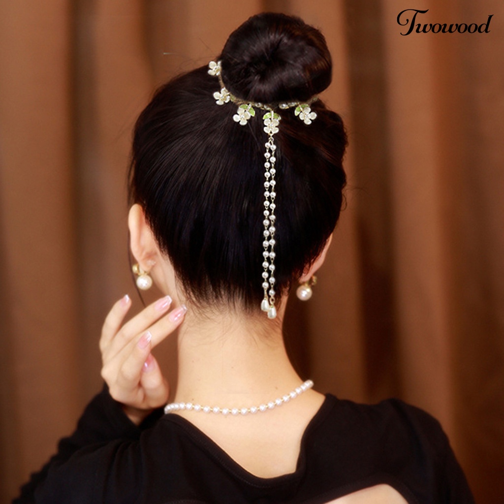 Twowood Lady Ponytail Claw Flower Decor Multi Teeth Rumbai Mutiara Imitasi Stainless Hiasan Rambut Ringan Pengantin Hair Bun Hair Card Aksesoris Rambut