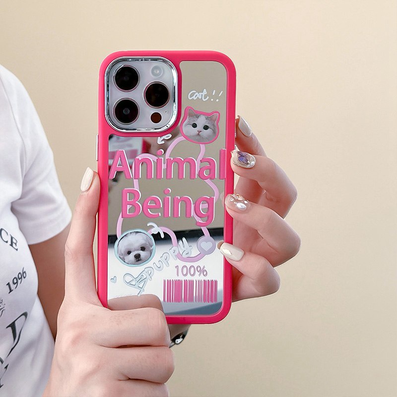 IPHONE Semua Baru Cermin Make up Sangat Lucu Pink Anjing Kucing Peliharaan Silikon Soft Case Iphone11 12 13 14 Pro Max Hadiah Fashion Wanita Kamera Elektroplated Merah Muda Merah Gadis Telepon Kasus Hewan Being