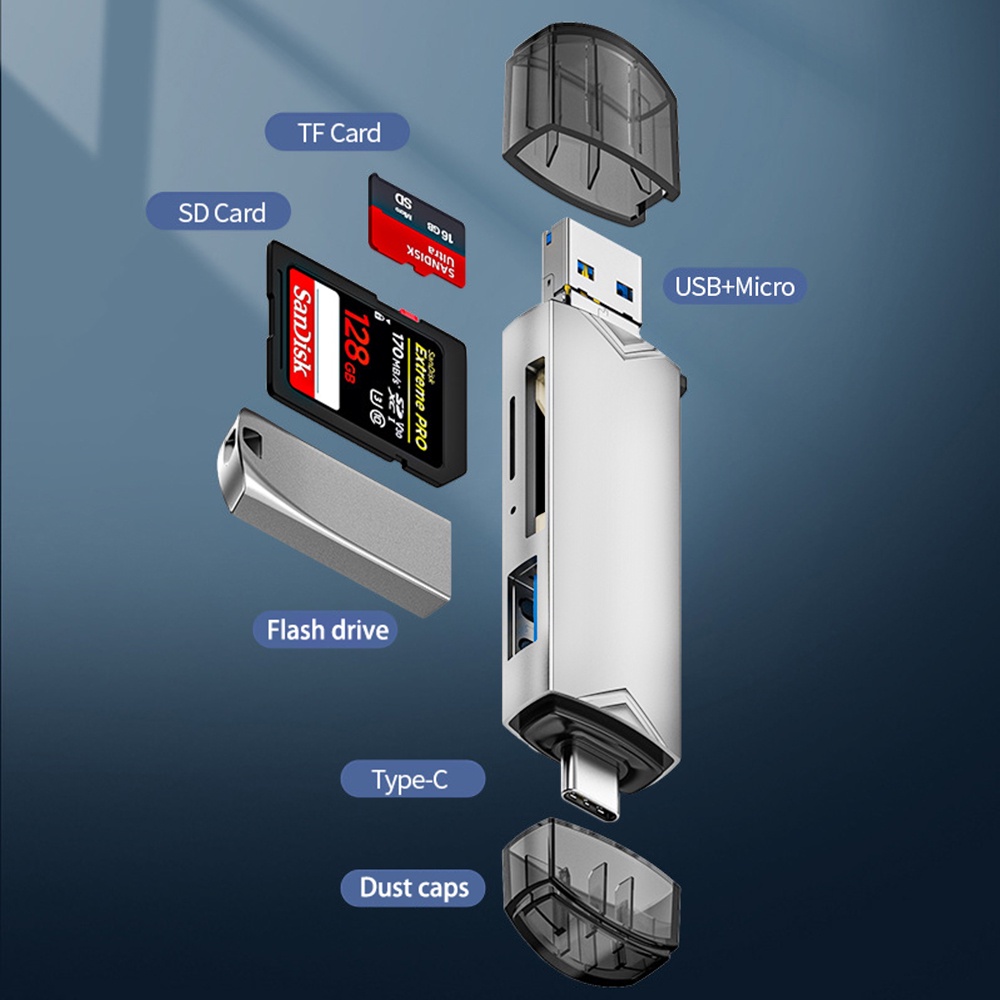 6-in-1 3.0 Mini SD Cardreader Aluminium Alloy Memory Card Reading Adapter SD/TF Card Flash Drive OTG Tipe C/Micro USB Interface Converter Card Reader