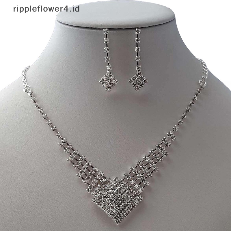 {rippleflower4.id} Set Perhiasan Pengantin Kristal Fashion Berlian Imitasi Berlapis Perak Gaun Pernikahan Perjamuan Kalung Anting Set Hadiah Wanita~