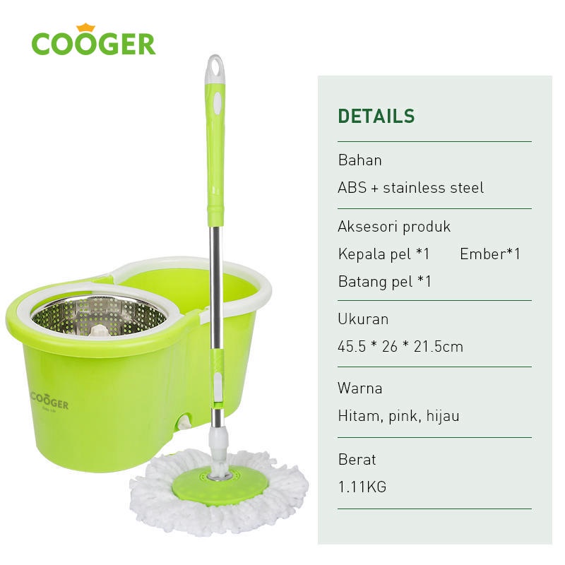 COOGER Spin Mop Alat Pel Lantai Microfiber Dapat Berputar 360 Derajat Otomatis Dengan Bak Wadah Air Pel Dilengkapi Pemerasan