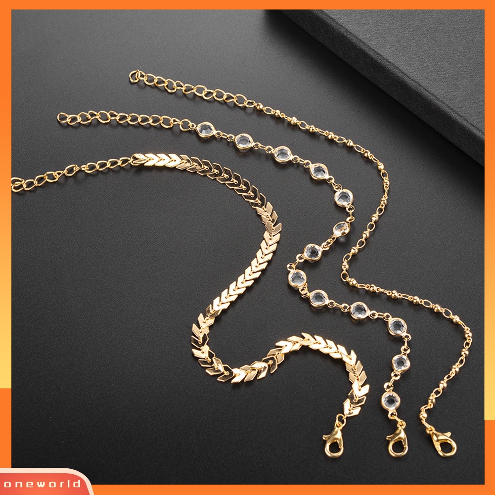 [WOD] 3pcs Golden Tone Faux Crystal Fish Bone Anklet Multi-layer Gelang Kaki Pantai
