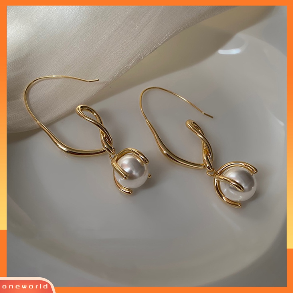 [WOD] 1pasang Anting Kait Mutiara Imitasi High Gloss Elegan Hiasan Telinga Perhiasan Pesta Dress-Up Putih Mutiara Imitasi Mengkilap Menjuntai Anting-Anting Perhiasan Hadiah