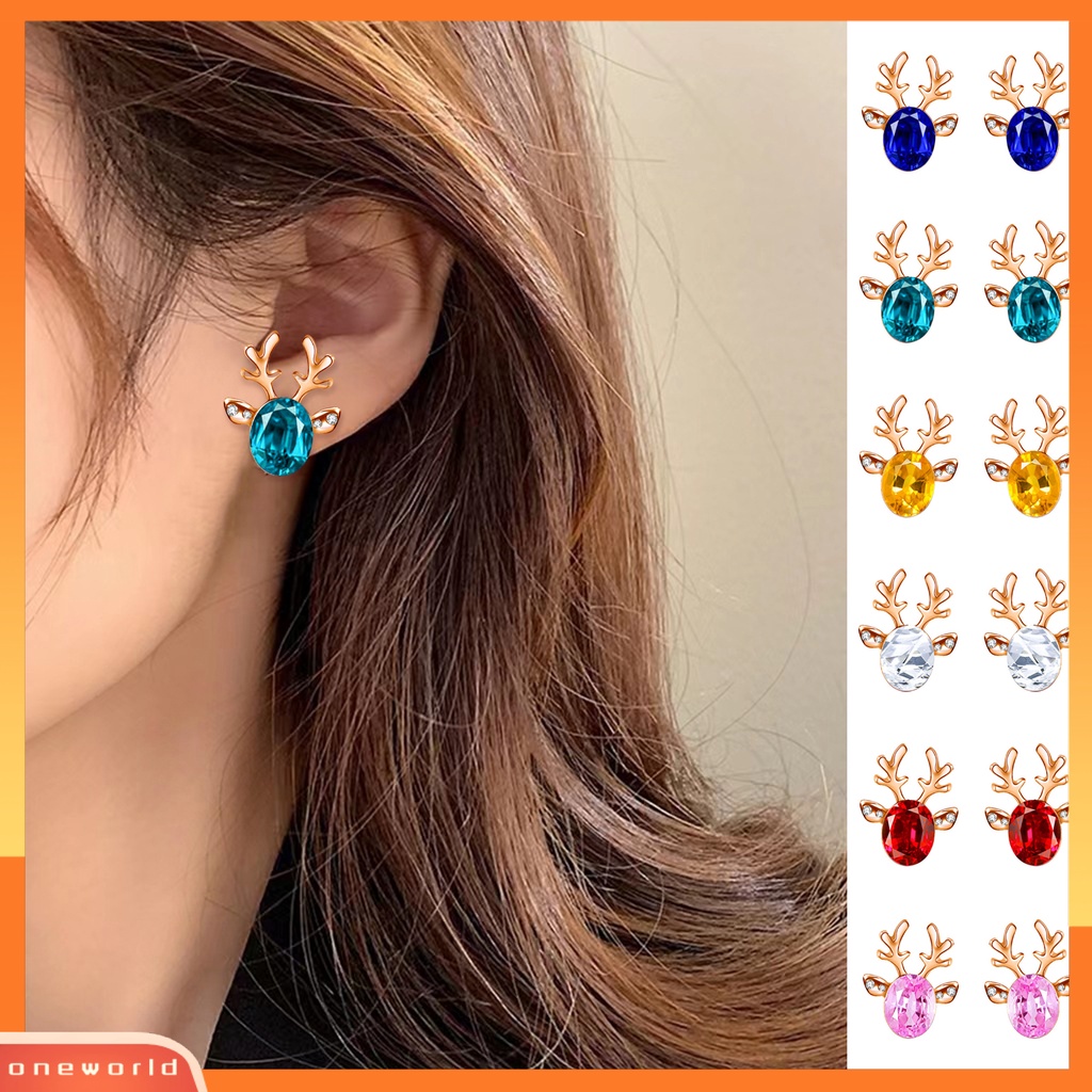 [WOD] 2pcs Natal Telinga Studs Boho Faux Gemstone Shiny Rhinestone Hias Festival Hadiah Xmas Tanduk Stud Anting Wanita Pesta Perhiasan Untuk Tahun Baru