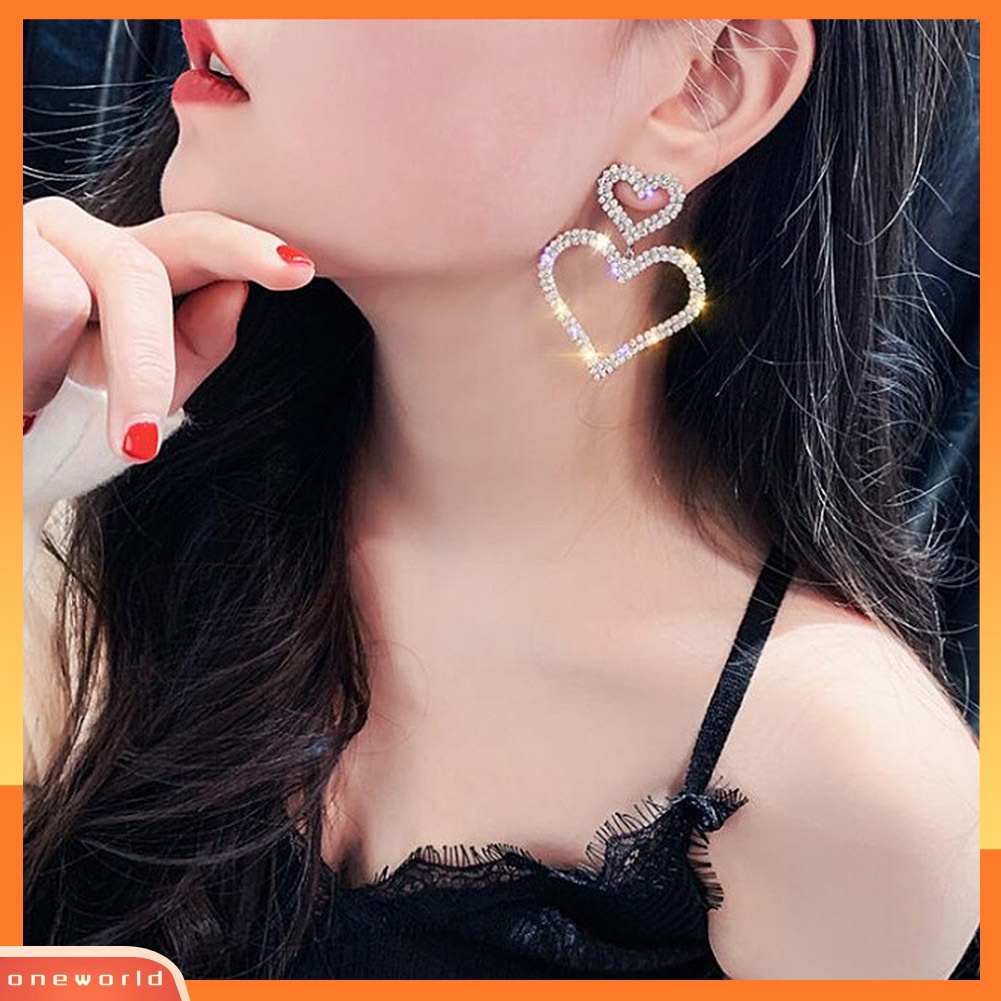 [WOD] Wanita Elegan Berlian Imitasi Jantung Teardrop Menjuntai Ear Drop Earrings Perhiasan Pesta