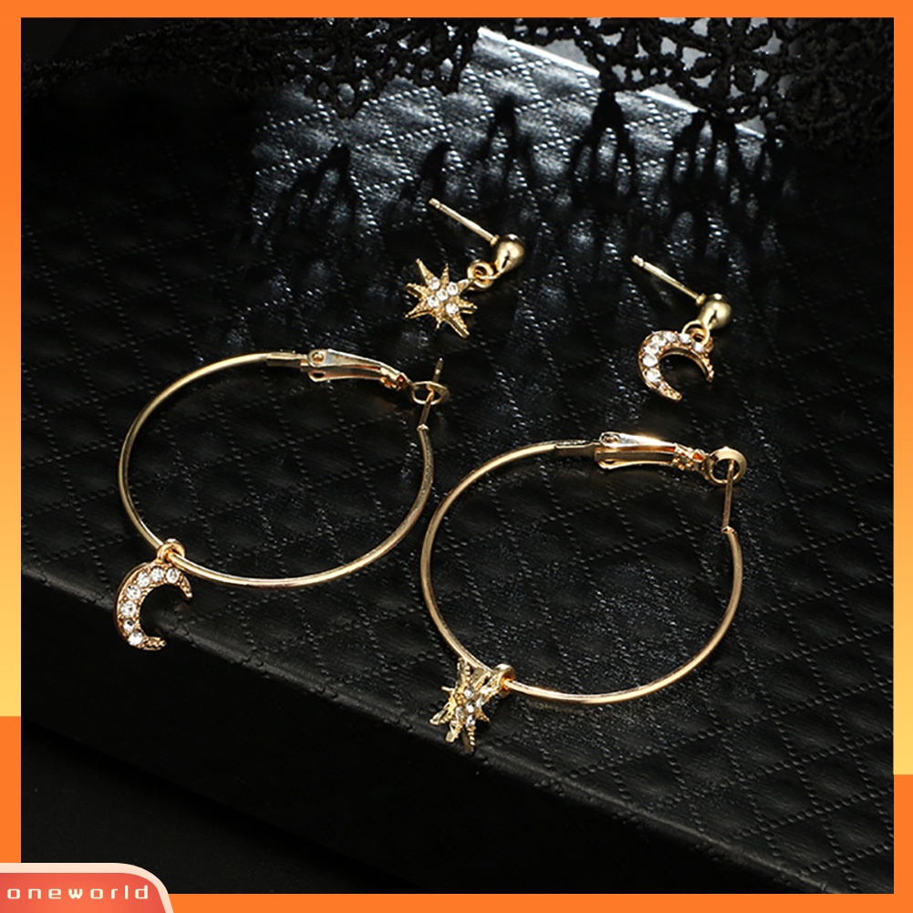 [WOD] 4pcs/set Chic Berlian Imitasi Bulan Bintang Telinga Hoop Drop Anting Wanita Perhiasan Pesta