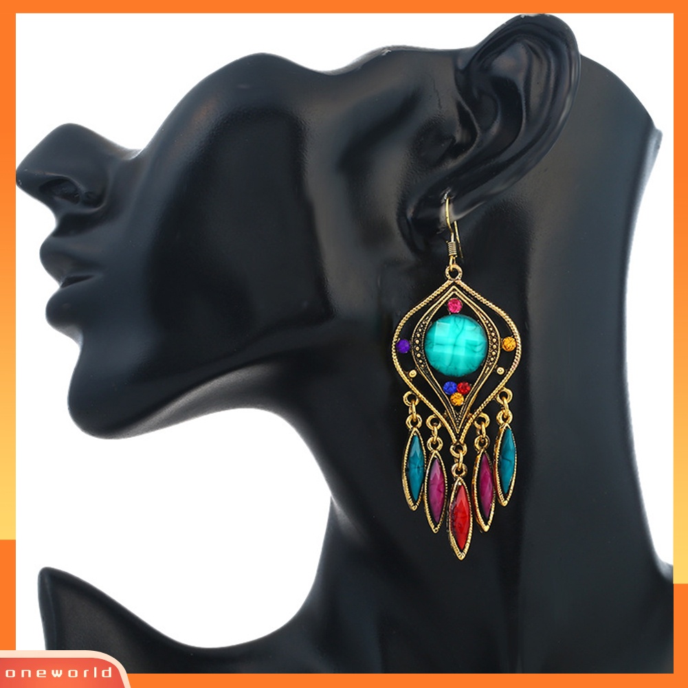 [WOD] Bohemian Wanita Berongga Ukir Panjang Resin Rumbai Menjuntai Kait Anting Perhiasan