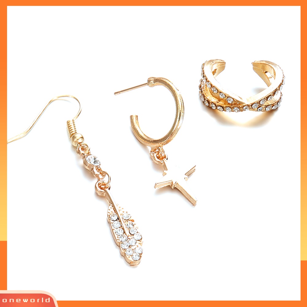 [WOD] 3pcs/set Boho Wanita Berlian Imitasi Bintang Bulu Liontin Menjuntai Kait Anting Perhiasan