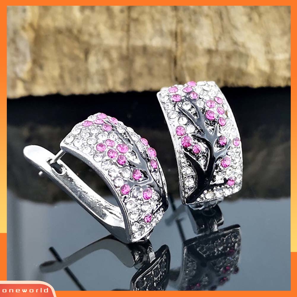 [WOD] Lady Shiny Plum Blossom Cabang Penuh Berlian Imitasi Bertatahkan Melengkung Anting-Anting Persegi Panjang