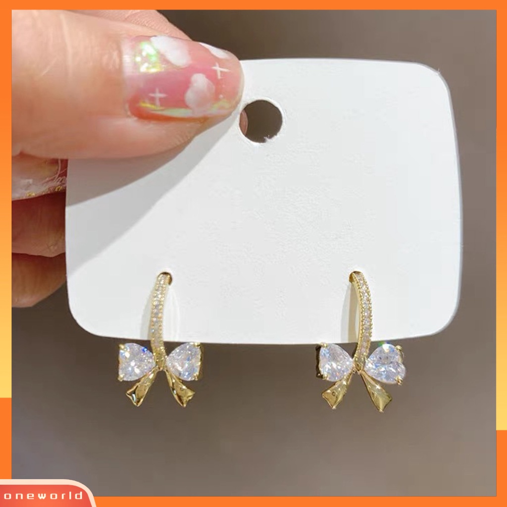 [WOD] 1pasang Wanita Menjuntai Anting Busur Cubic Zirconia Perhiasan Bersinar Gaya Korea Stud Earrings Hadiah Ulang Tahun