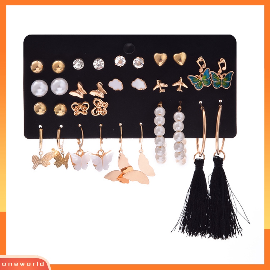 [WOD] 1set Anting Stud Set Gaya Bohemian Multi Bentuk Kupu-Kupu Mutiara Imitasi Rumbai Panjang Anting Gantung Set Perhiasan Pacaran