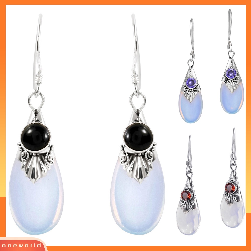 [WOD] Wanita Fashion Teardrop Drop Menjuntai Kait Anting Perhiasan Pesta Moonstone Imitasi