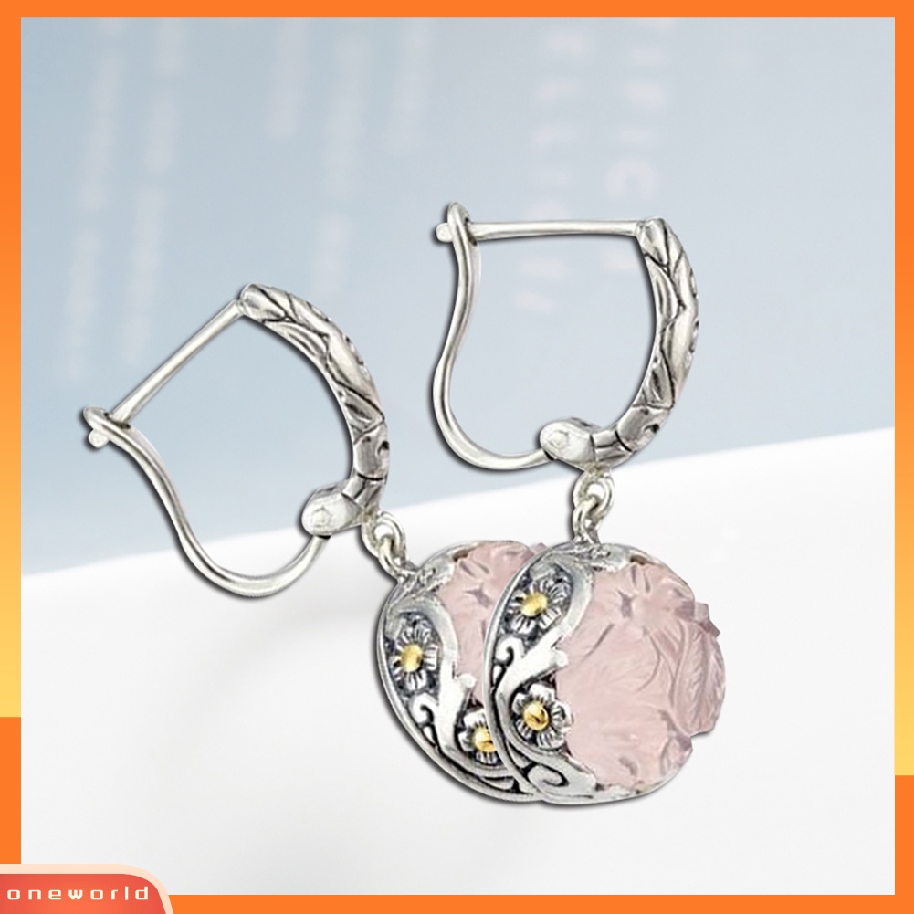 [WOD] Wanita Bunga Faux Moonstone Ear Drop Leaverback Anting Perjamuan Perhiasan Hadiah
