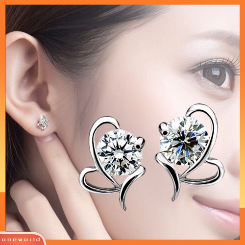 [WOD] Fashion Wanita925 Sterling Perak Hati Bulat Zirkon Telinga Stud Earrings Perhiasan