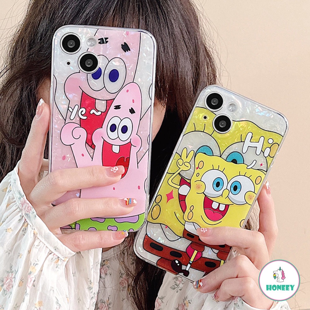 Casing Ponsel Motif Cangkang Glitter Untuk iPhone 14 Pro 11 12 13 Pro Max SpongeBob Lucu SquarePants Fashion Kartun Shockproof Back Cover