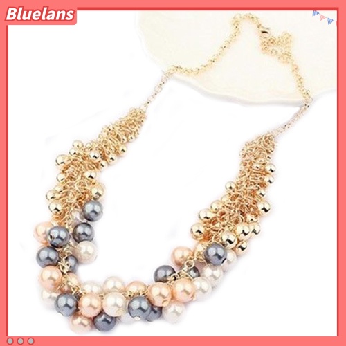 [BLS] Wanita Fashion Multilayer Mutiara Imitasi Choker Kerah Bib Statement Chain Necklace