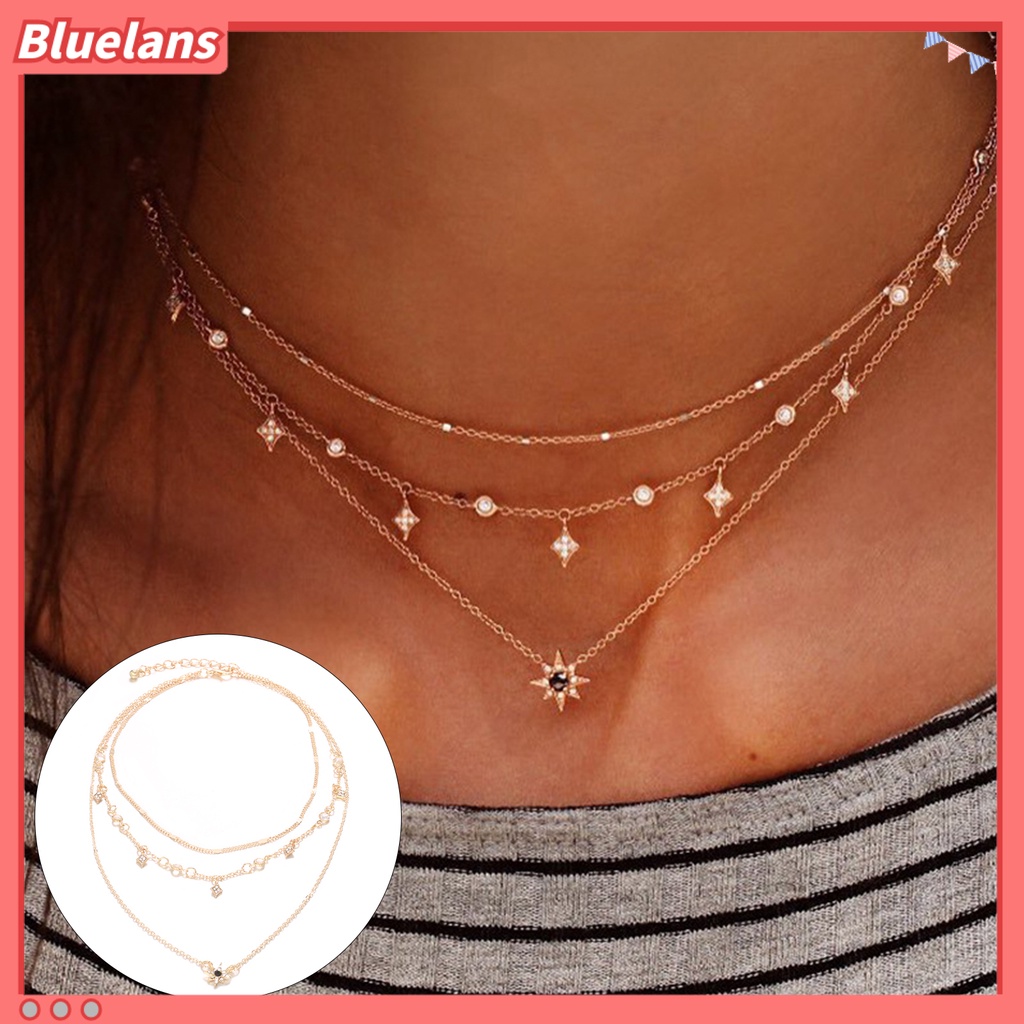 [BLS] Wanita Kalung Multilayer Bintang Perhiasan Dapat Disesuaikan Tiga Lapisan Kalung Hadiah Ulang Tahun