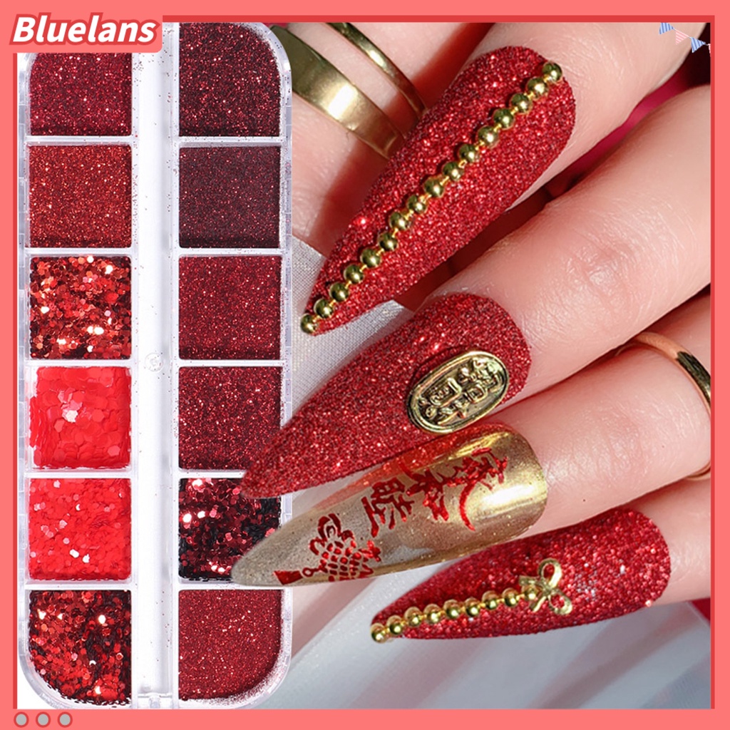 [BLM] 12kisi /Box Manicure Glitter Aman Portabel Permukaan Mengkilap Wine Red Nail Sequin Untuk Pengantin Wanita