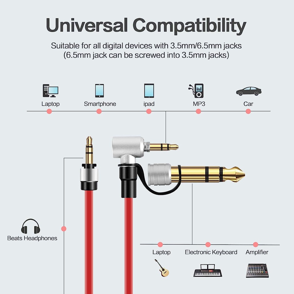 YGRETTE - Aux Audio Cable Pro Detox 3.5 and 6.5 mm Male to Male - Replacement Aux Auxiliary Cable Wire Cord for Monster Solo Beats Studio Headphones by Dr Dre Solo