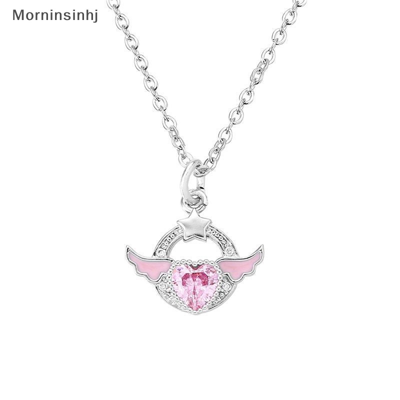 Mornin Warna Perak Kristal Sayap Malaikat Hati Liontin Kalung Wanita Gadis Sederhana Pink Zirkon Cinta Elegan Kalung Wanita Perhiasan id