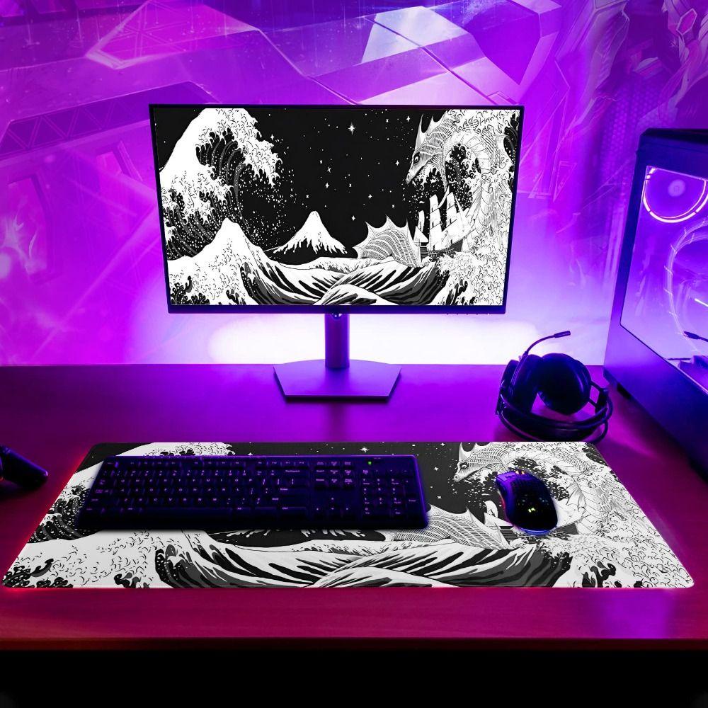 Mouse Pad Populer Gaming Jepang Non-Slip Alas Meja Laut Hitam Dan Putih Besar