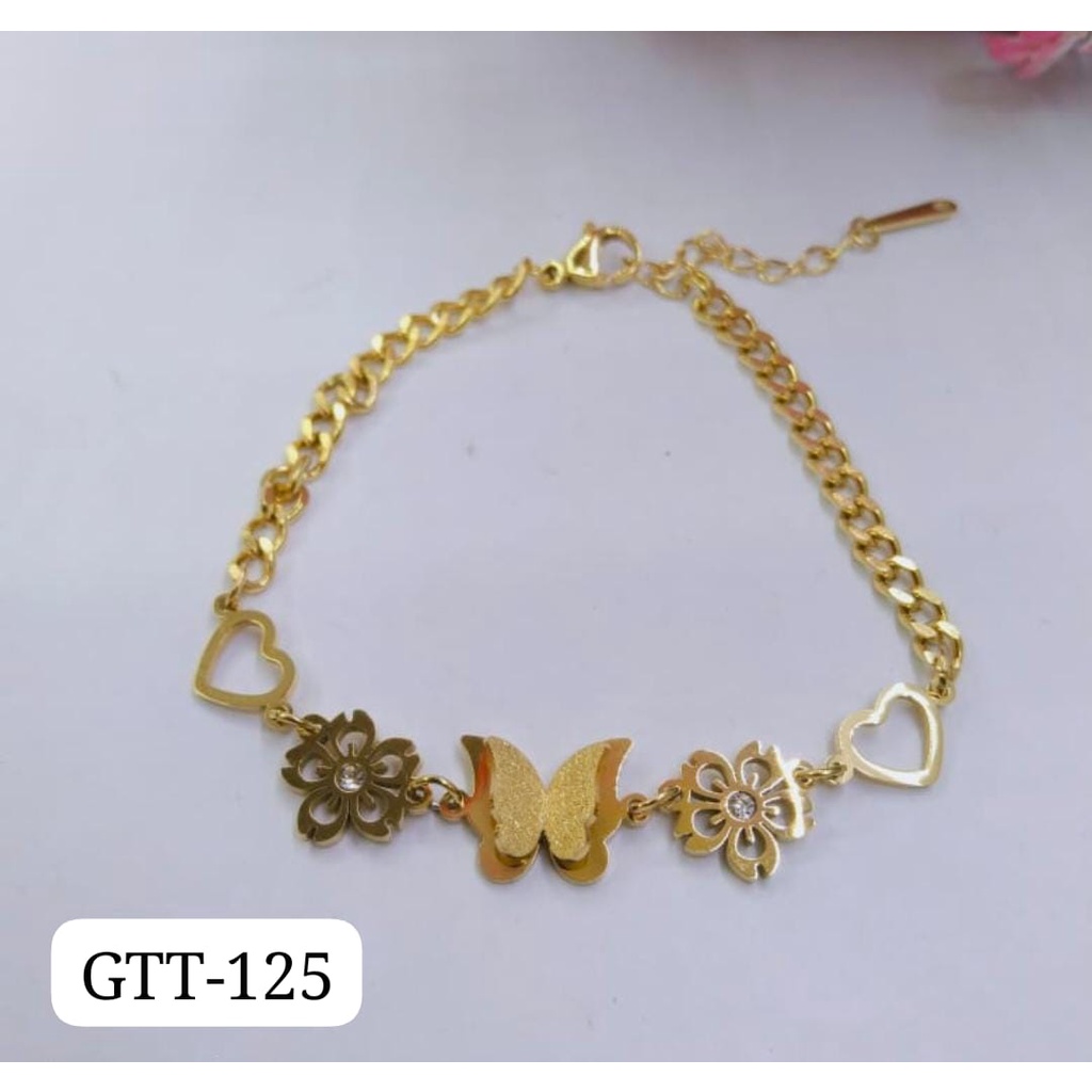 GELANG TANGAN KAKI TITANIUM EMAS GOLD MOTIF BUNGA HATI KUPU DIAM TERMURAH / DUNIA GELANG