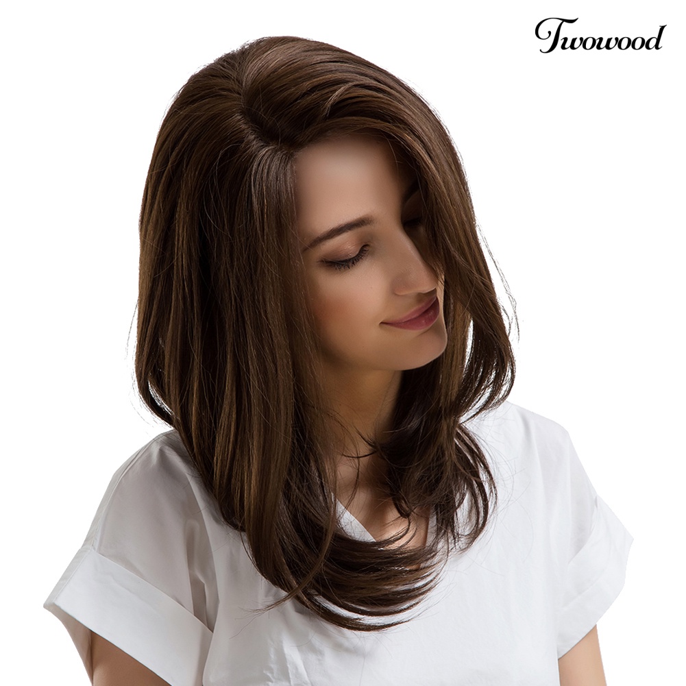 Twowood Fashion Wanita Belah Samping Natural Looking Medium Hair Length Full Wig Sopak