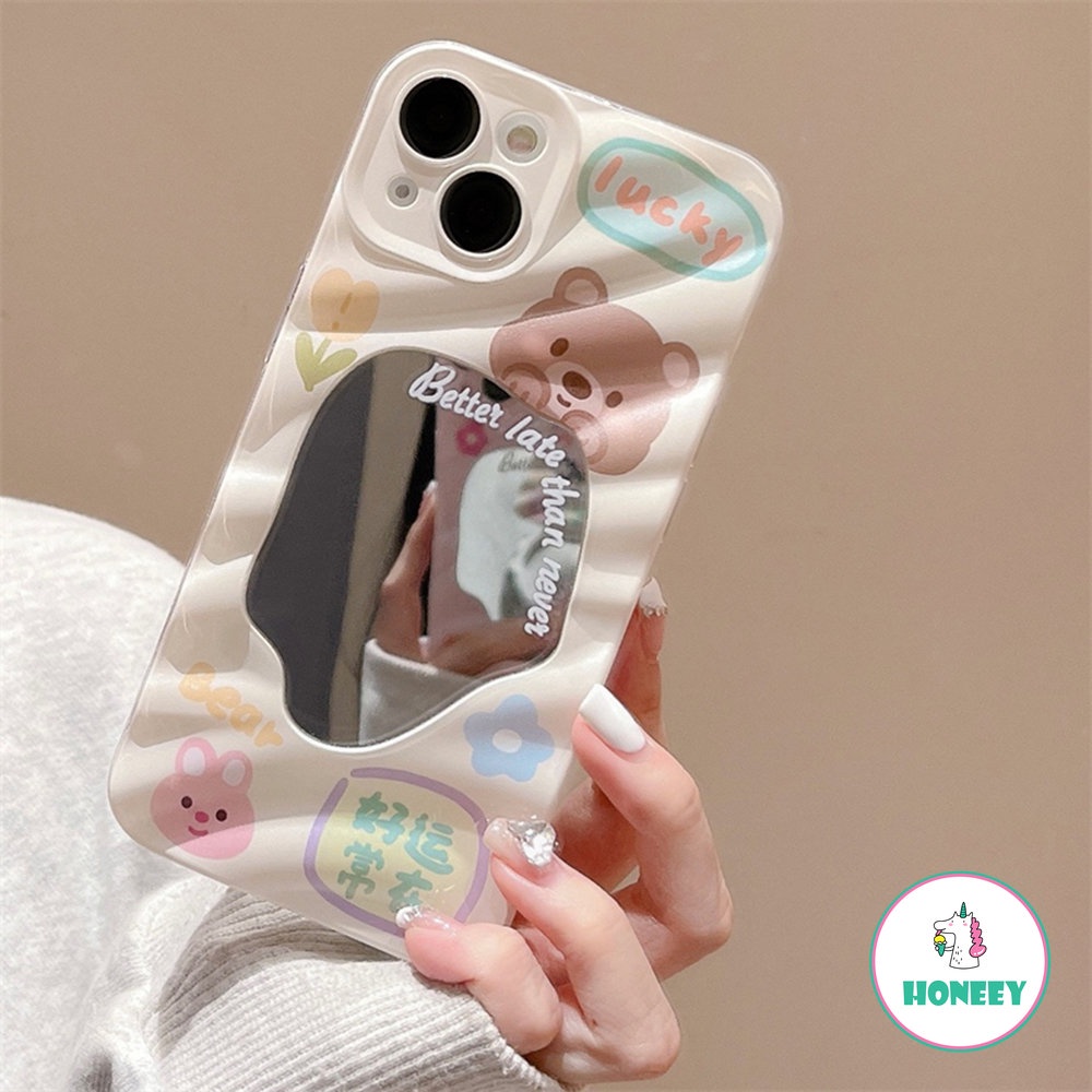 IPHONE Kartun Lucu Beruang Kelinci Cermin 3D Gelombang Case Kompatibel Untuk Iphone13 14 11 12 Pro Max Kamera Lensa Film Cover Pelindung