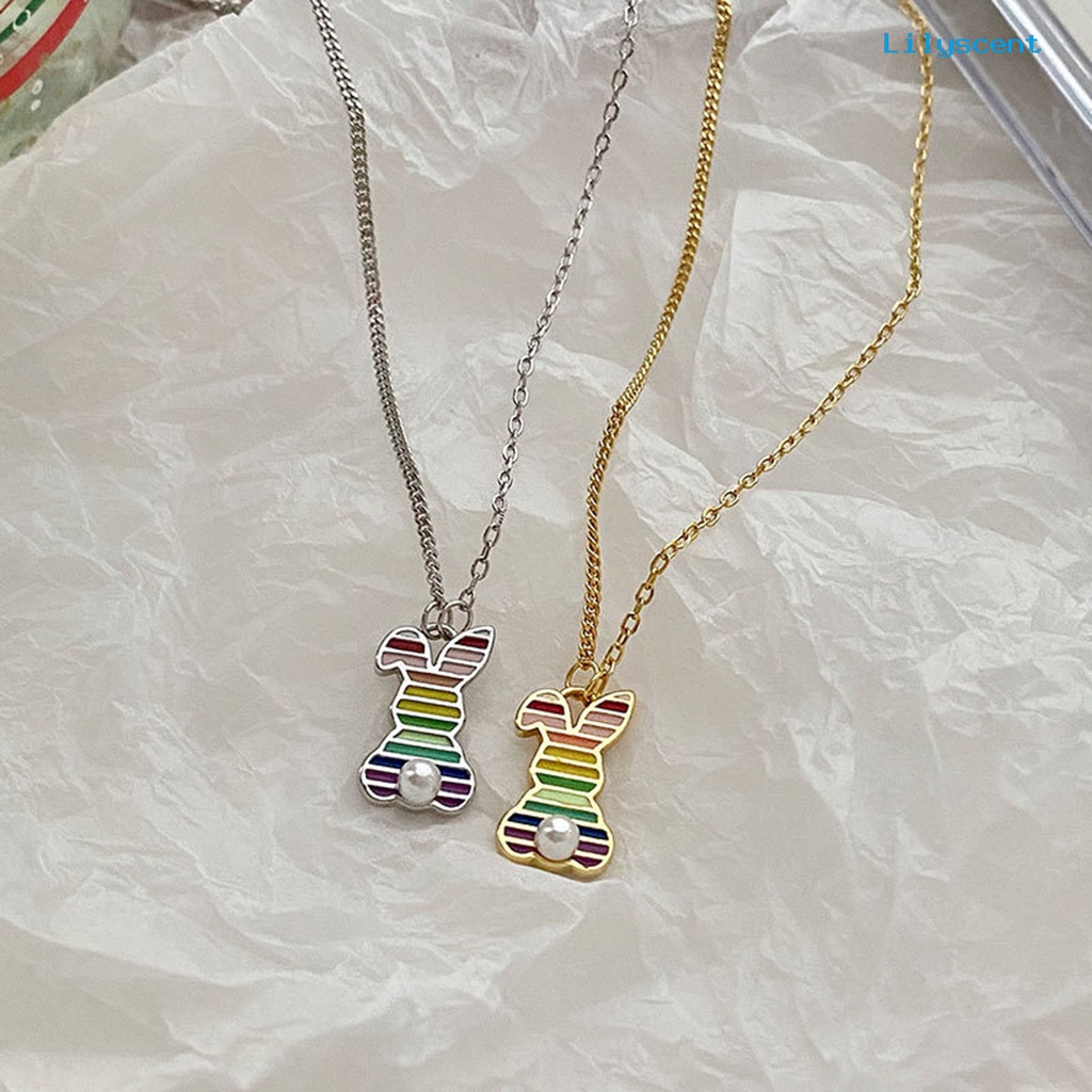 [LS]Wanita Kalung Rainbow-dripping Minyak Bergaris Mutiara Imitasi Elegan Kelinci Liontin Klavikula Kalung Fashion Perhiasan