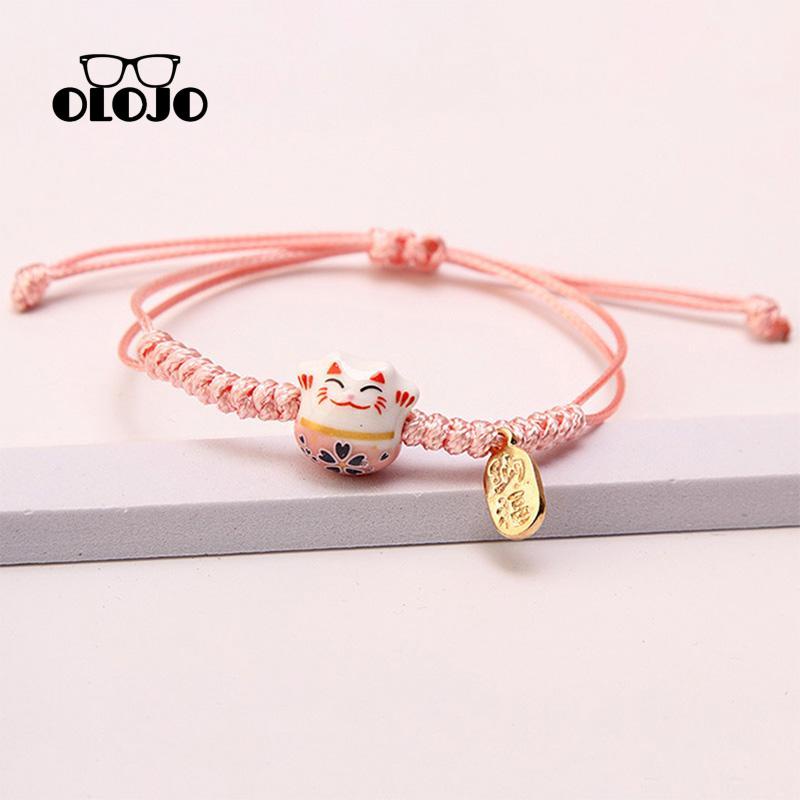 [Olojogrosirtenunan Tangan Benang Lilin Keramik Fortune Cat Gelang Desain Sense Lovers Bracelet