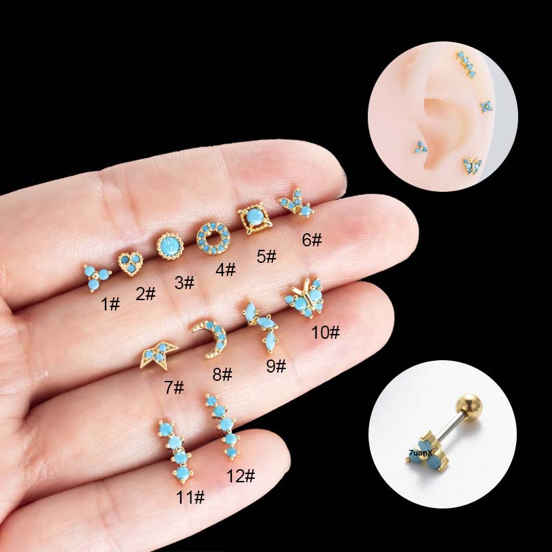 1biji Biru Buatan Batu Tulang Rawan Helix Tragus Tindik 20Gauge Lobe Anting-Anting Stainless Steel Barbel Ganda Kepala Manik