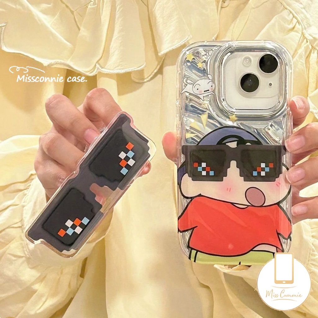 IPHONE Keren Memakai Sunglasse Crayon Shin-chan Kartu Laser Casing Bening Kompatibel Untuk Iphone11Xr12 13 14 Pro Max7 8 Plus 6 6S 7 8 Plus X XS MAX SE 2020lembut 3D Bergelombang Melengkung Sarung Mewah