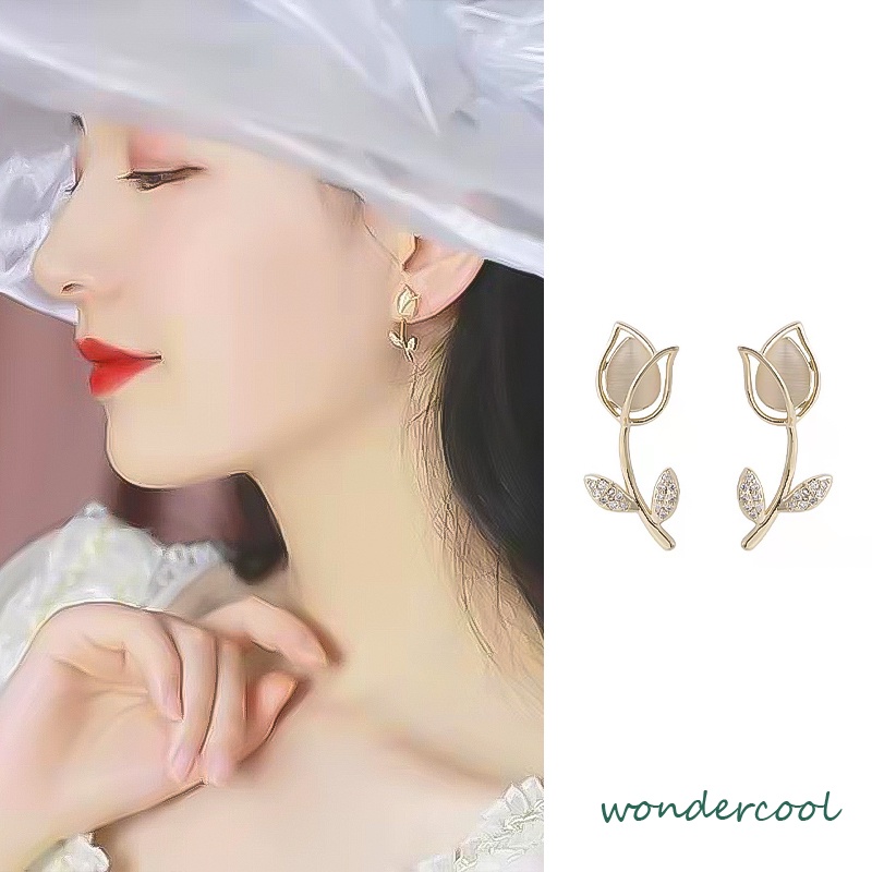 Anting Stud Desain Bunga Tulip Bahan S925 Silver Gaya Korea Untuk Wanita-Won