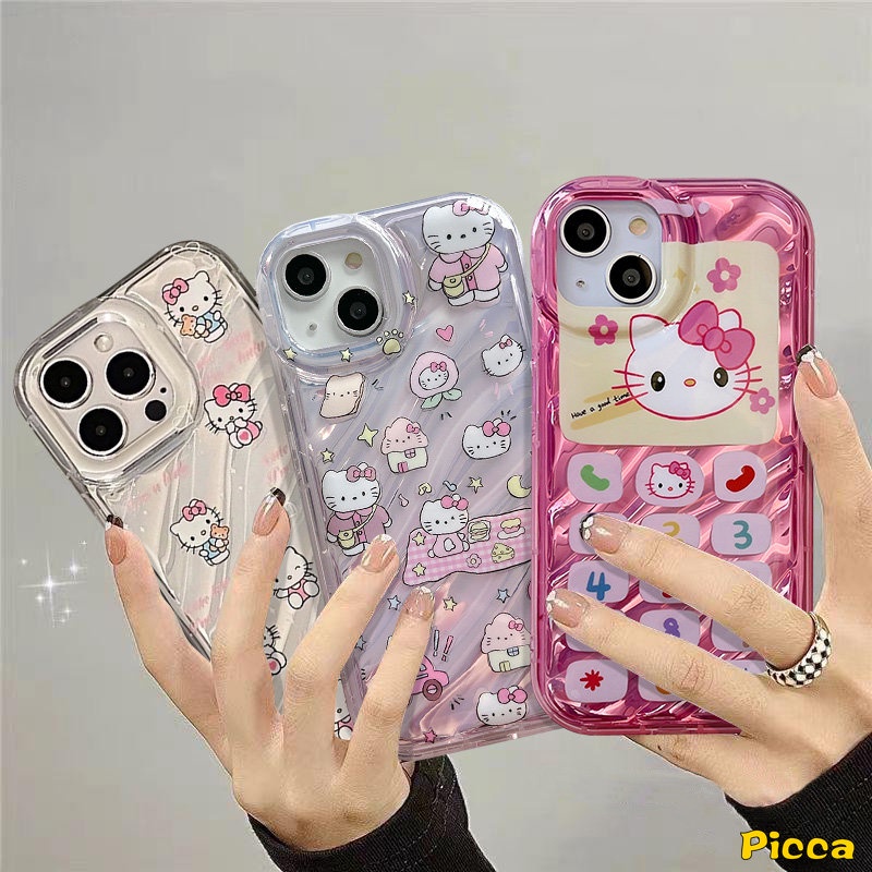 IPHONE Kartun Hello Kitty Case Kompatibel Untuk Iphone11 13 14 12 Pro MAX XR 7Plus 7 8 6 6S Plus X XS MAX SE 20203D Stereo Korgasi Kartu Laser Vintage Tombol Telepon Digital Soft Cover