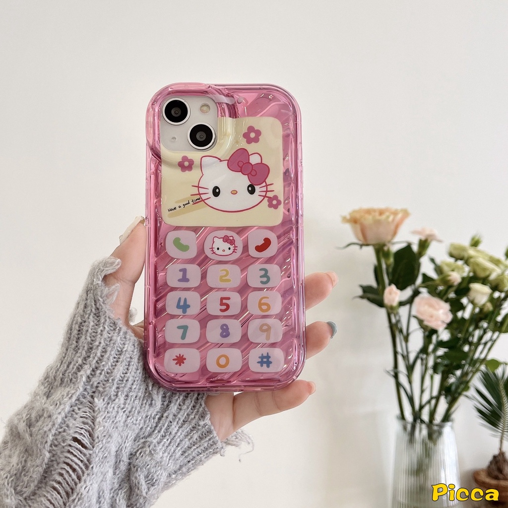 IPHONE Kartun Hello Kitty Case Kompatibel Untuk Iphone11 13 14 12 Pro MAX XR 7Plus 7 8 6 6S Plus X XS MAX SE 20203D Stereo Korgasi Kartu Laser Vintage Tombol Telepon Digital Soft Cover