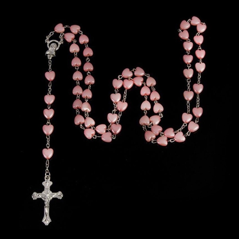 [AdornmentNo1] Fashion cinta hati merah muda rosario Beads salib liontin kalung doa kristen religi perhiasan hadiah