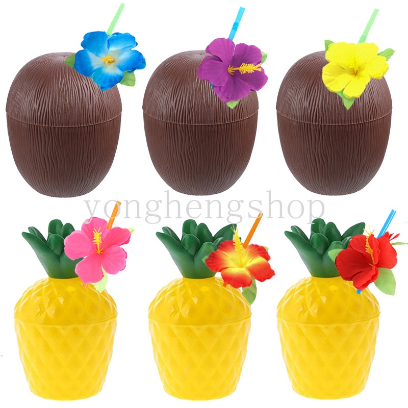 Kreatif Hawaii Pesta Nanas Kelapa Cangkir Minum Dengan Tutup Sedotan Tema Pantai Tropis Party Drinkware Drink Decor Water Juice Cups