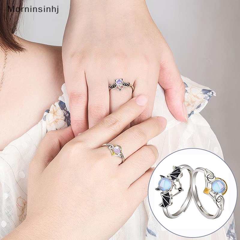 Mornin 1/2Pcs Cahaya Kristal Malaikat Setan Pasangan Cincin Romantis Fashion Sayap Moonstone Adjustable Jari Cincin Untuk Wanita Pria Perhiasan Hadiah id