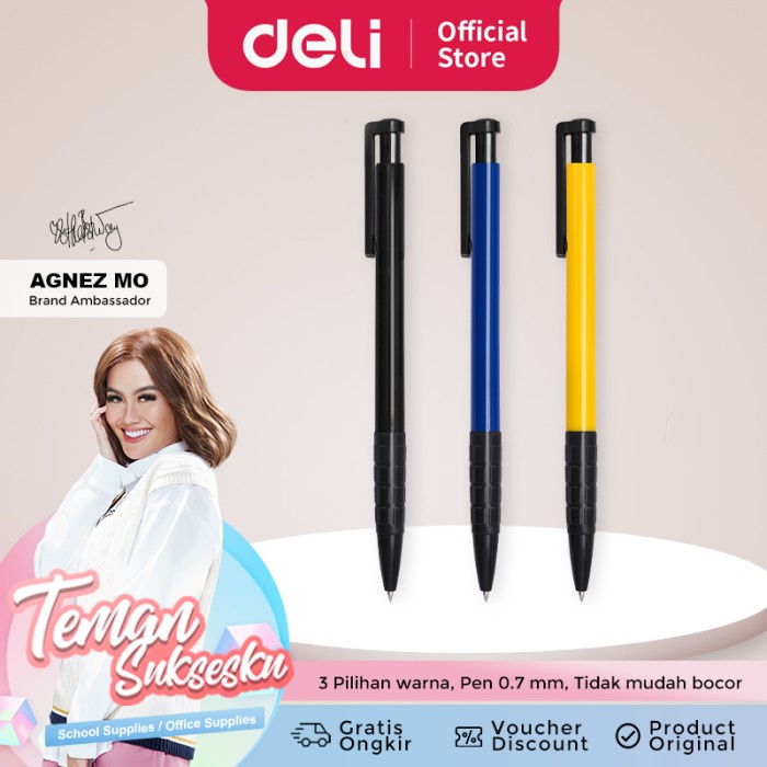 

Deli Pulpen Retractable 3 Warna 1Box isi 36Pcs hasil tinta tebal 6546 - Hitam