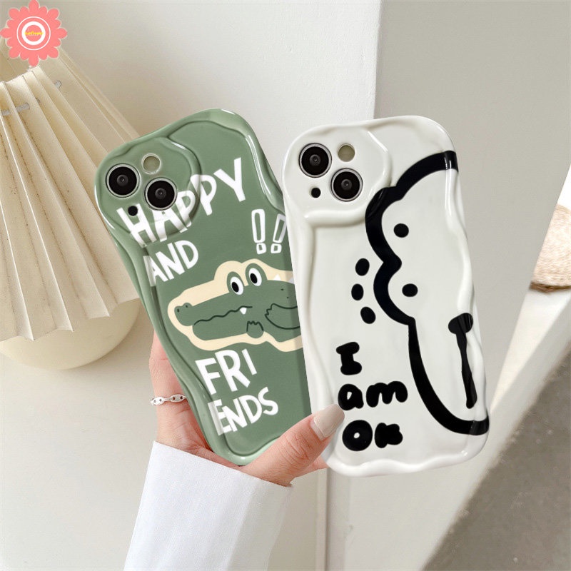 Compatible for iPhone 7Plus 8Plus XR 14 11 13 12 Pro Max X XS Max 6 6s 7 8 Plus SE 2020 Couple Cute Cartoon Crocodile Dinosaur Soft Glossy 3D Wavy Curved Edge Phone Back Cover Case