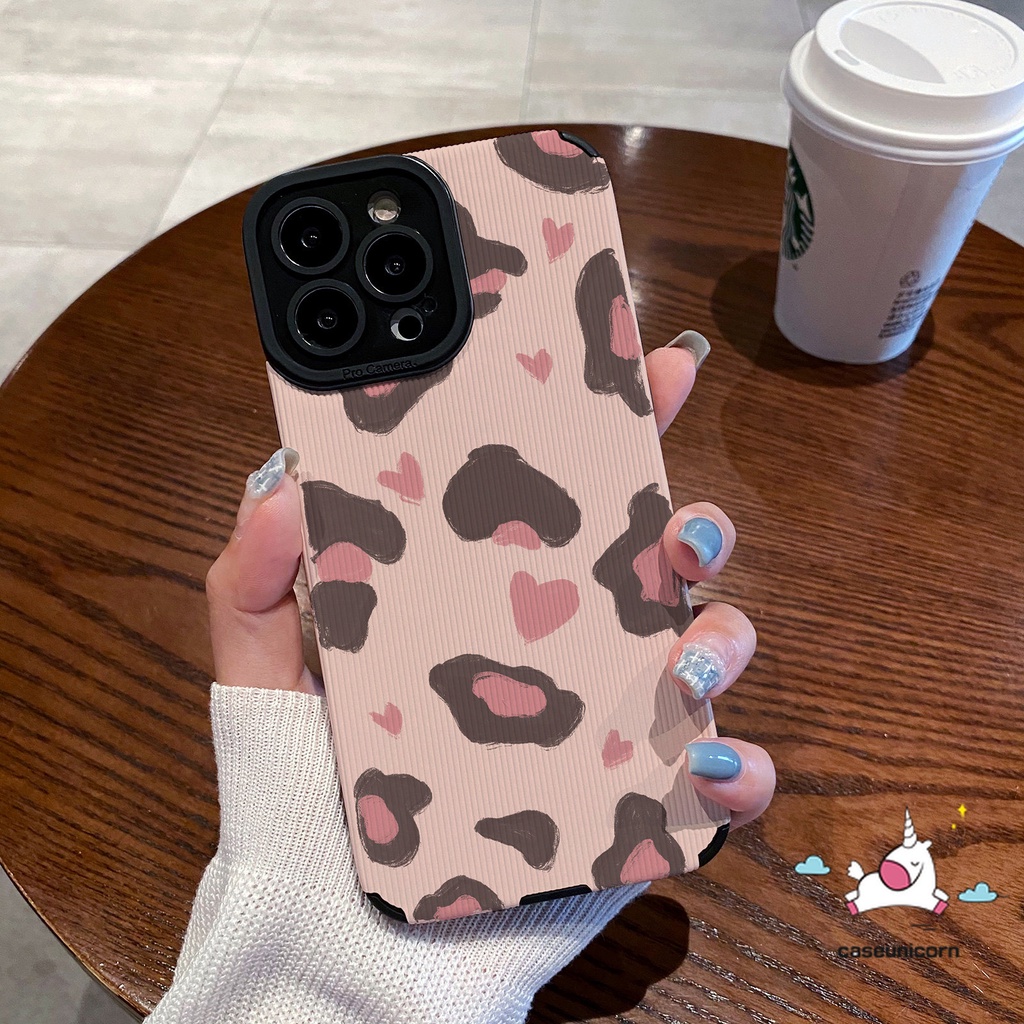 Fashion Pink Bintang Huruf Cinta Hati Soft Case Kompatibel Untuk iPhone 7Plus 11 13 14 12 Pro MAX XR 78 Plus X XS MAX Jahitan Kulit Mewah Tekstur Kulit Leopard Tahan Guncangan Cover