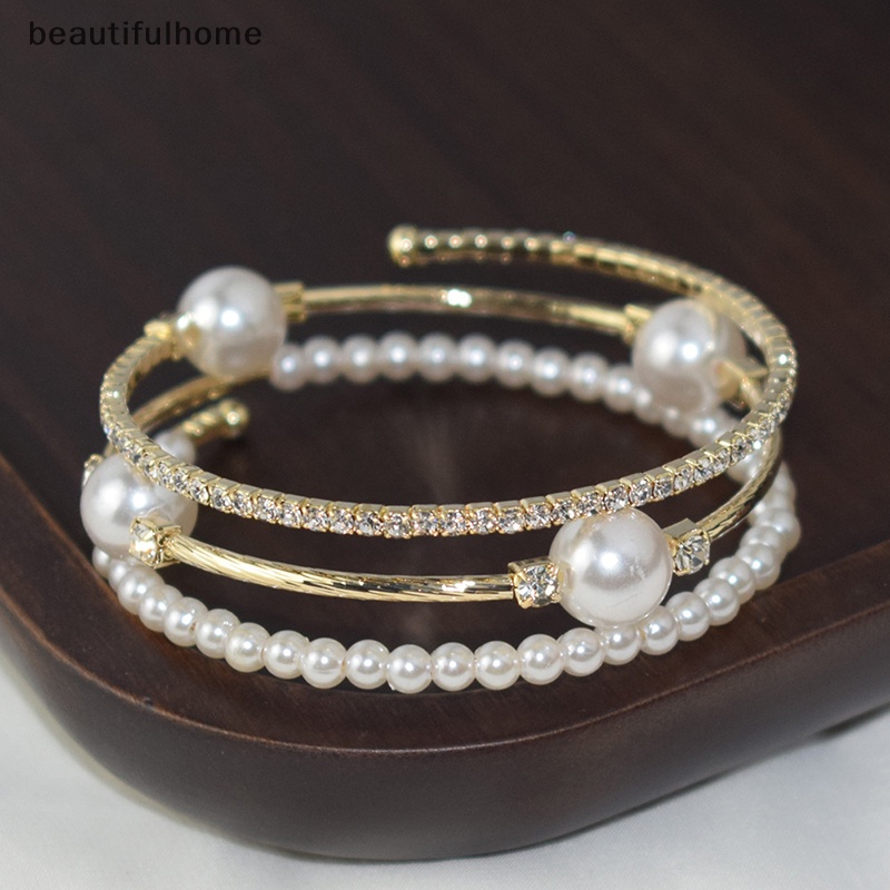 {beautifulhome} Kristal Mutiara Gelang Wanita Berlian Imitasi Multi-layer Adjustable Bangles Manset Berlapis Emas Perak Pesona Gelang Perhiasan Hadiah.