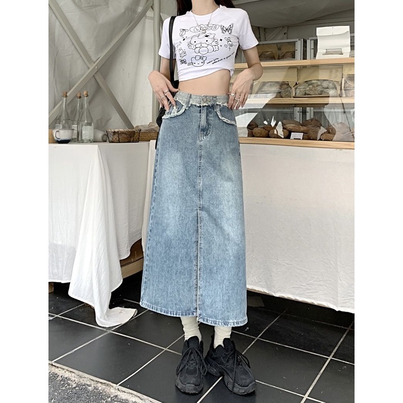 Rok Midi Wanita Denim Terbelah Polos Rok Wanita Korean Casual