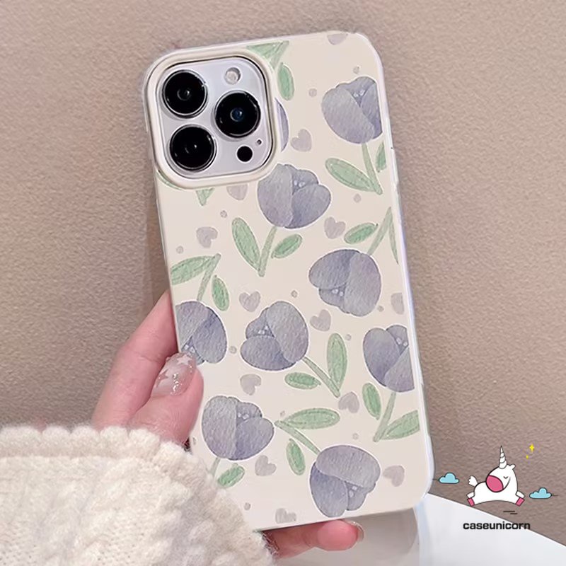 IPHONE Fashion Freshness Purple Tulip Glossy Case Kompatibel Untuk Iphone14 11 13 12 Pro Max XR 7 8 Plus X XS Max Se2020 Shockproof Simple Three Flower Camera Protection Soft Tpu Cover