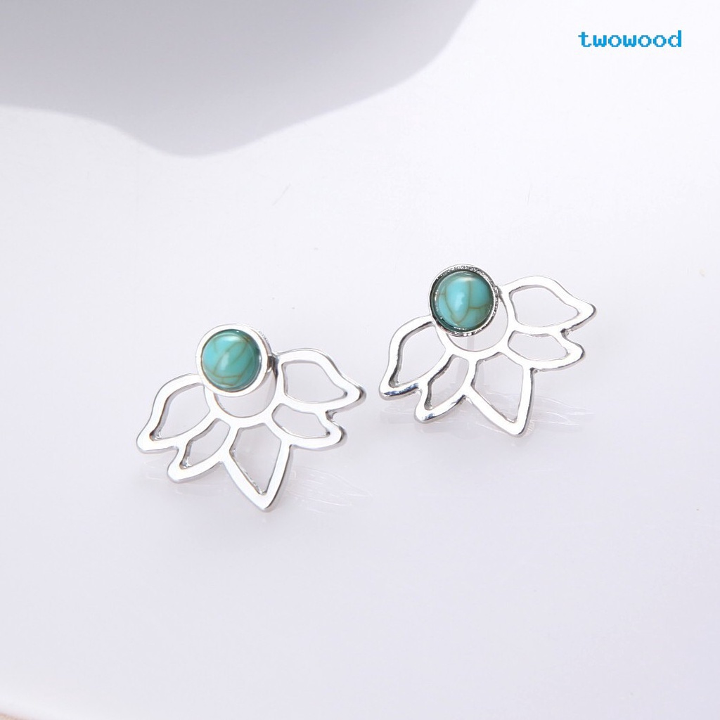 Twowood Eropa Dan Amerika retro turquoise lotus petal Berongga Daun Anting Anting